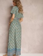 cflo Rochie Maxi Verde Mentă cu Cordon și Elastic în Talie cu Model Ornamental Calvim