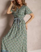 cflo Rochie Maxi Verde Mentă cu Cordon și Elastic în Talie cu Model Ornamental Calvim