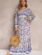 cflo Rochie Maxi Violet-bej cu Imprimeu Floral din Viscoză Vellu
