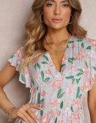 cflo Rochie Mentă Cambrată din Viscoză cu Imprimeu Floral Idotine
