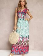 cflo Rochie Mentă-Fuchsia Maxi în Stil Boho cu Elastic în Talie Bernette