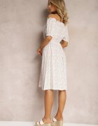 cflo Rochie Midi Albă din Viscoză Cu Imprimeu Floral Cu Decolteu Spagnol Agirala