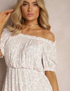 cflo Rochie Midi Albă din Viscoză Cu Imprimeu Floral Cu Decolteu Spagnol Agirala
