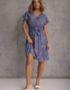 cflo Rochie Midi Albastră Din Viscoză Cu Imprimeu Floral Cu elastic în talie și curea din material textil Aidenia