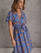 cflo Rochie Midi Albastră Din Viscoză Cu Imprimeu Floral Cu elastic în talie și curea din material textil Aidenia