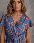 cflo Rochie Midi Albastră Din Viscoză Cu Imprimeu Floral Cu elastic în talie și curea din material textil Aidenia