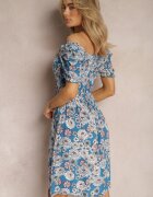 cflo Rochie Midi Albastră din Viscoză Florală cu Decolteu Pătrat și Drapaje Nasoria