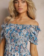 cflo Rochie Midi Albastră din Viscoză Florală cu Decolteu Pătrat și Drapaje Nasoria