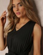 cflo Rochie Midi Neagră din Țesătură Plisată cu Cordon din Material Eudoxia