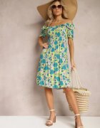 cflo Rochie Midi Verde deschis din Viscoză cu flori cu Decolteu Pătrat și Cute Nasoria