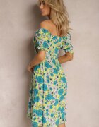 cflo Rochie Midi Verde deschis din Viscoză cu flori cu Decolteu Pătrat și Cute Nasoria