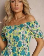 cflo Rochie Midi Verde deschis din Viscoză cu flori cu Decolteu Pătrat și Cute Nasoria