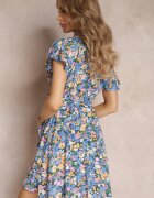 cflo Rochie Mini Albastru-Bleumarin din Viscoză cu Decolteu Petrecut și Volan Nathalee