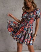 cflo Rochie Mini Albastru-Negru Evazată cu Elastic în Talie și Mâneci Scurte din Viscoză Merrelle