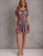 cflo Rochie Mini Albastru-Negru Evazată cu Elastic în Talie și Mâneci Scurte din Viscoză Merrelle