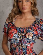cflo Rochie Mini Albastru-Negru Evazată cu Elastic în Talie și Mâneci Scurte din Viscoză Merrelle