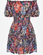 cflo Rochie Mini Albastru-Negru Evazată cu Elastic în Talie și Mâneci Scurte din Viscoză Merrelle