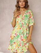 cflo Rochie Mini Cloș cu Decolteu Petrecut și Elastic în Talie Verde Deschis din Viscoză Elidi