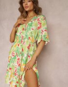 cflo Rochie Mini Cloș cu Decolteu Petrecut și Elastic în Talie Verde Deschis din Viscoză Elidi