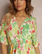 cflo Rochie Mini Cloș cu Decolteu Petrecut și Elastic în Talie Verde Deschis din Viscoză Elidi