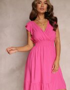 cflo Rochie Mini Fucsia din Vâscoză cu Croială Evazată și Decolteu Petrecut Lolsa