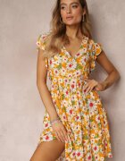 cflo Rochie Mini Galbenă Cintrată Cu Flori Cu Elastic În Talie Teziovi