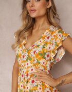 cflo Rochie Mini Galbenă Cintrată Cu Flori Cu Elastic În Talie Teziovi