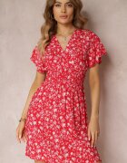 cflo Rochie mini roșie vâscoză cu flori cu elastic în talie și cu bust petrecut Joslena