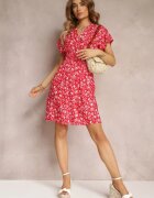 cflo Rochie mini roșie vâscoză cu flori cu elastic în talie și cu bust petrecut Joslena