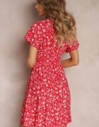cflo Rochie mini roșie vâscoză cu flori cu elastic în talie și cu bust petrecut Joslena