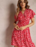 cflo Rochie mini roșie vâscoză cu flori cu elastic în talie și cu bust petrecut Joslena