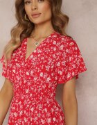 cflo Rochie mini roșie vâscoză cu flori cu elastic în talie și cu bust petrecut Joslena