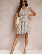 cflo Rochie Mini Roz-deschis-albastră Evazată cu Volane și Elastic în Talie din Viscoză Jehan