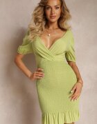 cflo Rochie mini verde deschis cu decolteu petrecut și mâneci bufante din viscoză Livya