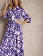 cflo Rochie Mov Cloș Lungă cu Volan cu Imprimeu Ornamental Naraoda