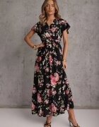 cflo Rochie Neagră Florală cu croială petrecută cu cordon legat Iphene