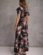 cflo Rochie Neagră Florală cu croială petrecută cu cordon legat Iphene