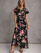 cflo Rochie Neagră Florală cu croială petrecută cu cordon legat Iphene