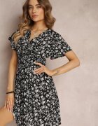 cflo Rochie neagră mini din viscoză cu flori cu elastic în talie și cu decolteu petrecut Joslena