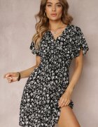 cflo Rochie neagră mini din viscoză cu flori cu elastic în talie și cu decolteu petrecut Joslena