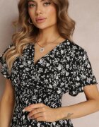 cflo Rochie neagră mini din viscoză cu flori cu elastic în talie și cu decolteu petrecut Joslena