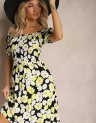 cflo Rochie Negru-Galbenă din Viscoză Midi cu Decolteu Pătrat și Model Floral Narcca