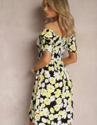 cflo Rochie Negru-Galbenă din Viscoză Midi cu Decolteu Pătrat și Model Floral Narcca