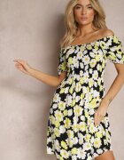 cflo Rochie Negru-Galbenă din Viscoză Midi cu Decolteu Pătrat și Model Floral Narcca