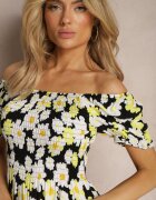 cflo Rochie Negru-Galbenă din Viscoză Midi cu Decolteu Pătrat și Model Floral Narcca