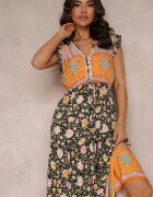 cflo Rochie Negru-Portocaliu din Viscoză cu Elastic și Șnur în Talie Anash