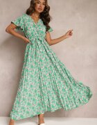 cflo Rochie Plisată Maxi Verde cu Flori cu Elastic în Talie Ikama