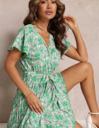 cflo Rochie Plisată Maxi Verde cu Flori cu Elastic în Talie Ikama