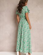 cflo Rochie Plisată Maxi Verde cu Flori cu Elastic în Talie Ikama
