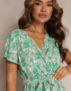 cflo Rochie Plisată Maxi Verde cu Flori cu Elastic în Talie Ikama